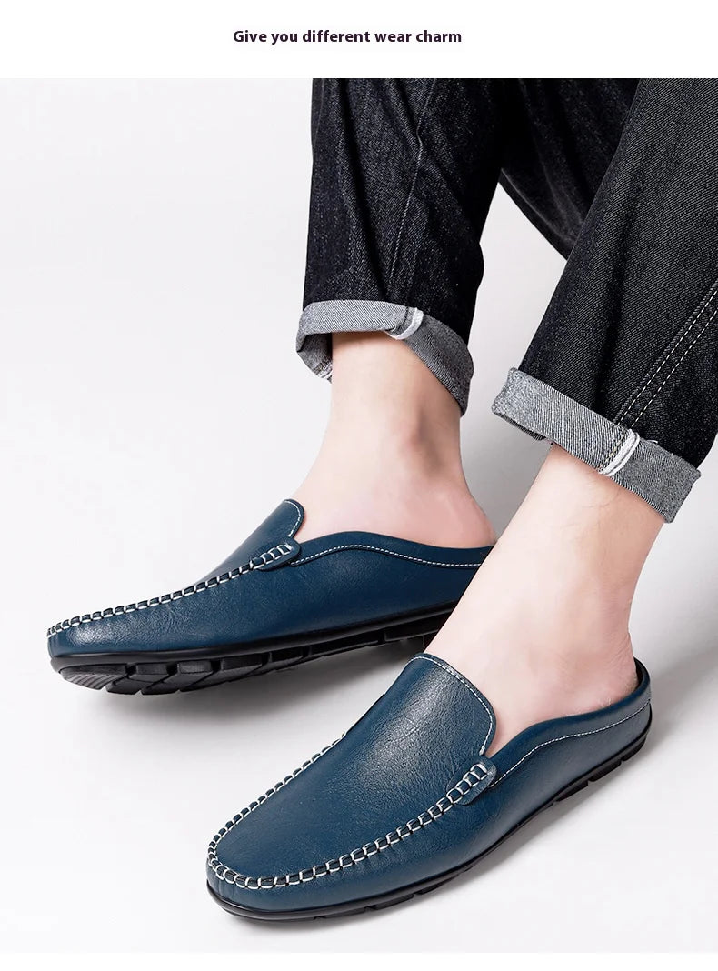 Closed Toe Half Shoes for Men Black Blue Mules Slippers Slip on Genuine Cowhide Leather Luxury Flat Sandals Man Summer 2025