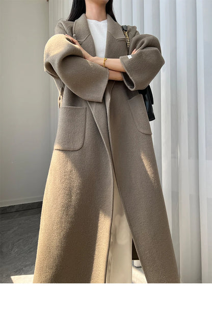 Office Lady Woolen Jackets 2024 Autumn And Winter Bathrobe Style Pocket Double-Sided Loose Lace -Up Tie Women's Long Wool Coats