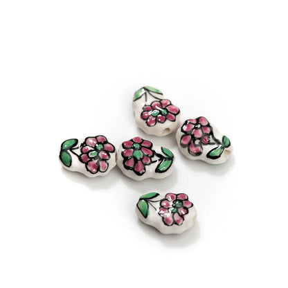 5pcs Artisan Hand-Painted Ceramic Beads Featuring Delicate Multi-Colored Floral Motifs Z717