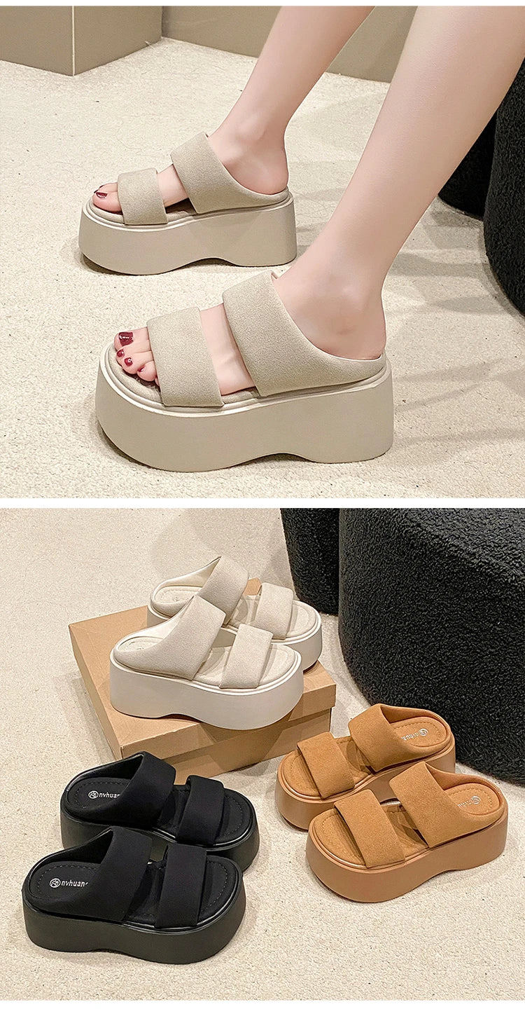 Summer 2023 Chunky Sandals Women's Thick Bottom Wedge Heels Slides 8CM High Heels Platform Leather Casual Beach Flip Flops Woman