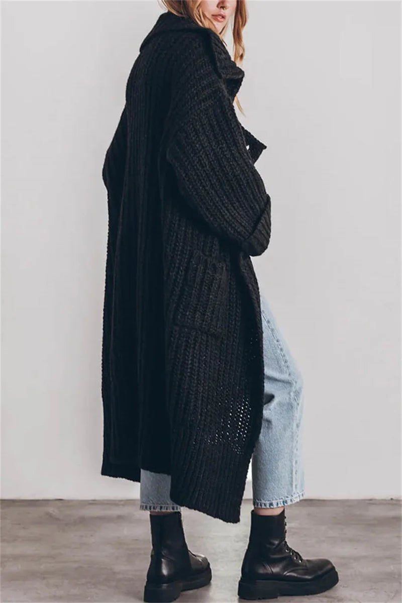 2024 Women's Autumn and Winter Maxi Cardigans Single Breasted Oversized Sweaters Solid Color Large Collar Boho Long Knitwear