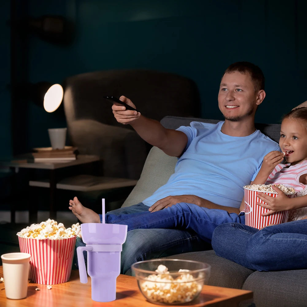 1000ml Snack Bowl Drink Cup with Straw 2 In 1 Stadium Tumbler Splash Proof Leakproof Popcorn Beverage Cup for Cinema Travel