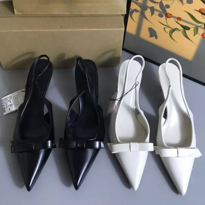 2025 Modern Office Shoes for Women White Black Wedding Slingback Pointed Toe Butterfly Decoration Female High Heeled Sandals