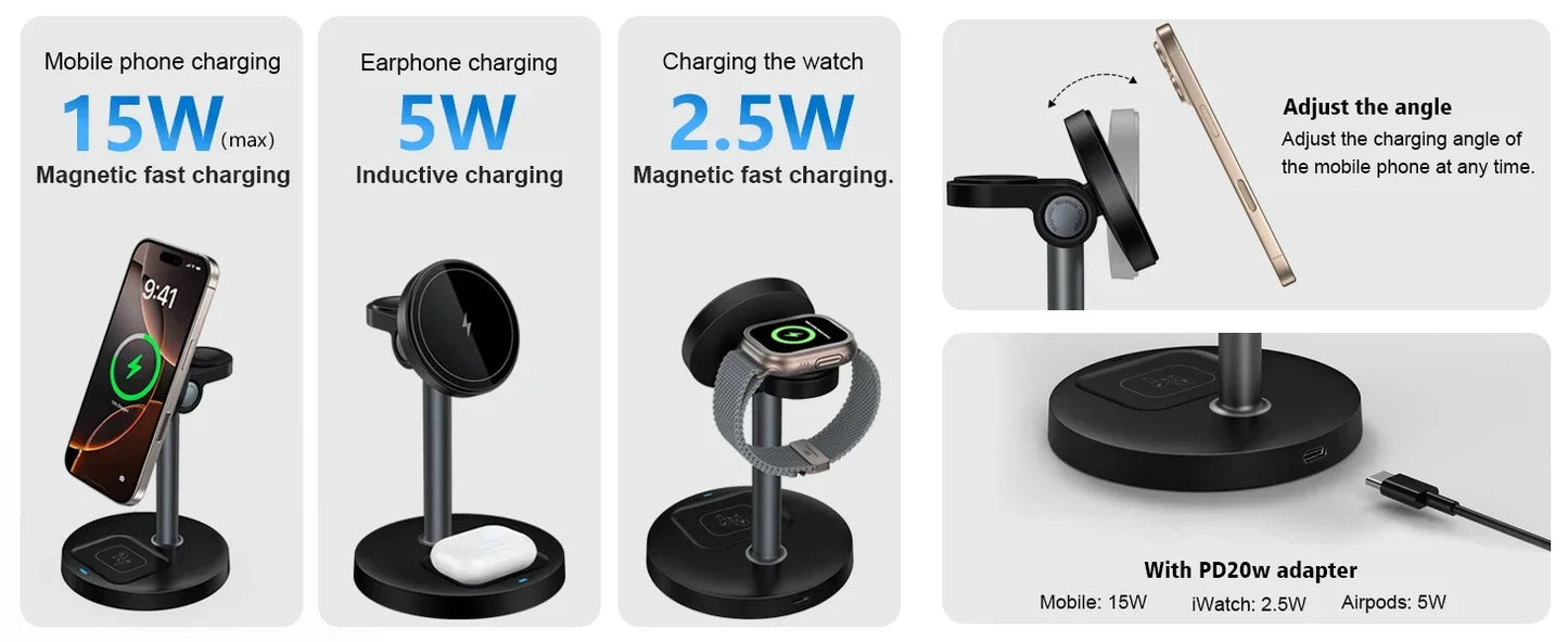15W 3-in-1 Magnetic Wireless Charging Station For Magsafe iPhone 16 15 14 13 12 iWatch 10-2 SE AirPods Pro 4 Travel Fast Charger