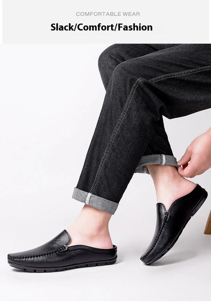 Closed Toe Half Shoes for Men Black Blue Mules Slippers Slip on Genuine Cowhide Leather Luxury Flat Sandals Man Summer 2025