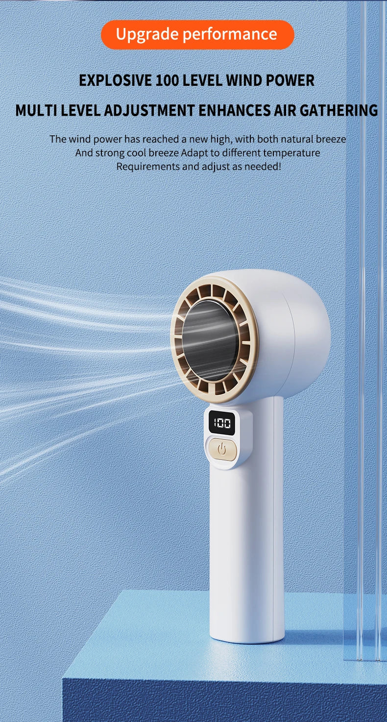 Digital display handheld fan with outdoor portability, USB rechargeable, featuring strong wind power, extended battery life.