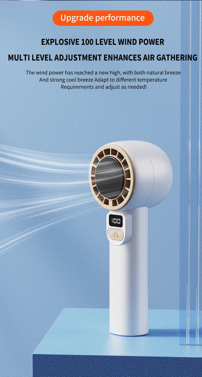 Digital display handheld fan with outdoor portability, USB rechargeable, featuring strong wind power, extended battery life.