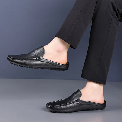 Leather Men’s Half Shoes for Men Comfortable Walking Shoe Casual Designer Shoes Slip-On Solid Color Loafers Flat Slippers 2024