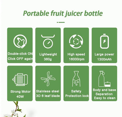 USB Rechargeable Portable Blender Juicer 380ml Compact Smoothie Maker for Fruits Vegetables Quiet Cordless Mixer with Travel Lid