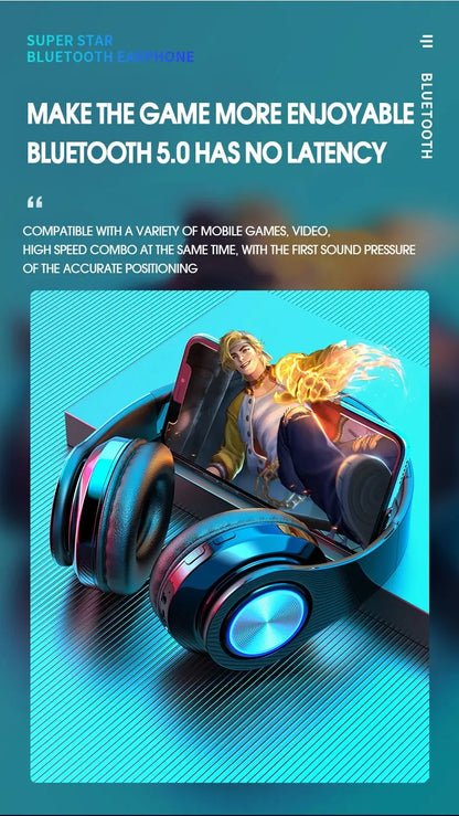 over-ear bluetooth headset wireless subwoofer headset folding card colorful luminous headset