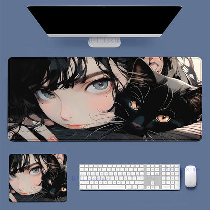 Black Cat and Girl Fast Keyboard pad lock-edge Extended teclado mousepad kawaii Purple Office desktop protection mouse pad XXL