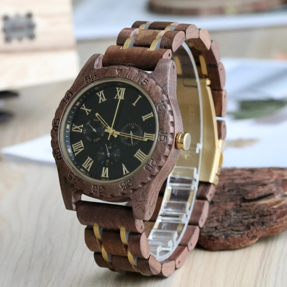 Men's Wooden Wrist Watches for Men Chronograph Fashion Wristwatches Business Blue Wood Mens Watches Clock reloj madera hombre