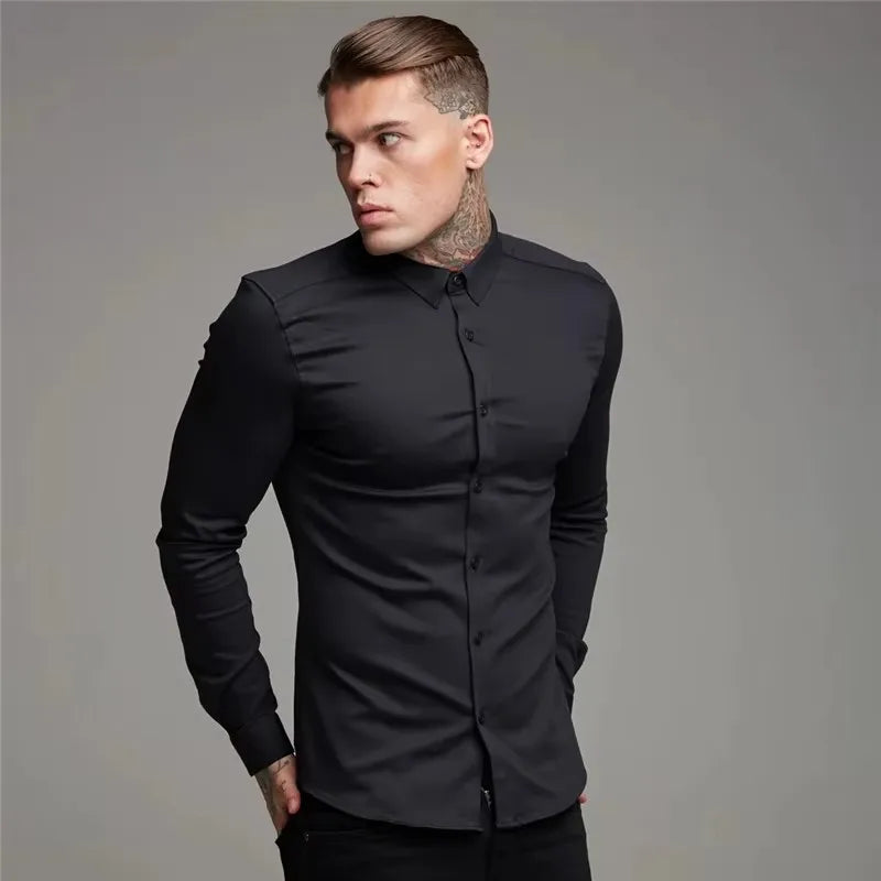 Men's Shirt Fashion Full Sleeve Shirt Men's Muscle Casual Slim-fit Business Dress Solid Color Shirt Men's Gym Fitness Men Shirt