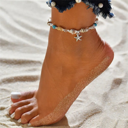 Modyle New Beads Anklets for Women Silver Color Starfish Beach Leg Bracelet Handmade Bohemian Foot Chain Boho Jewelry Gift