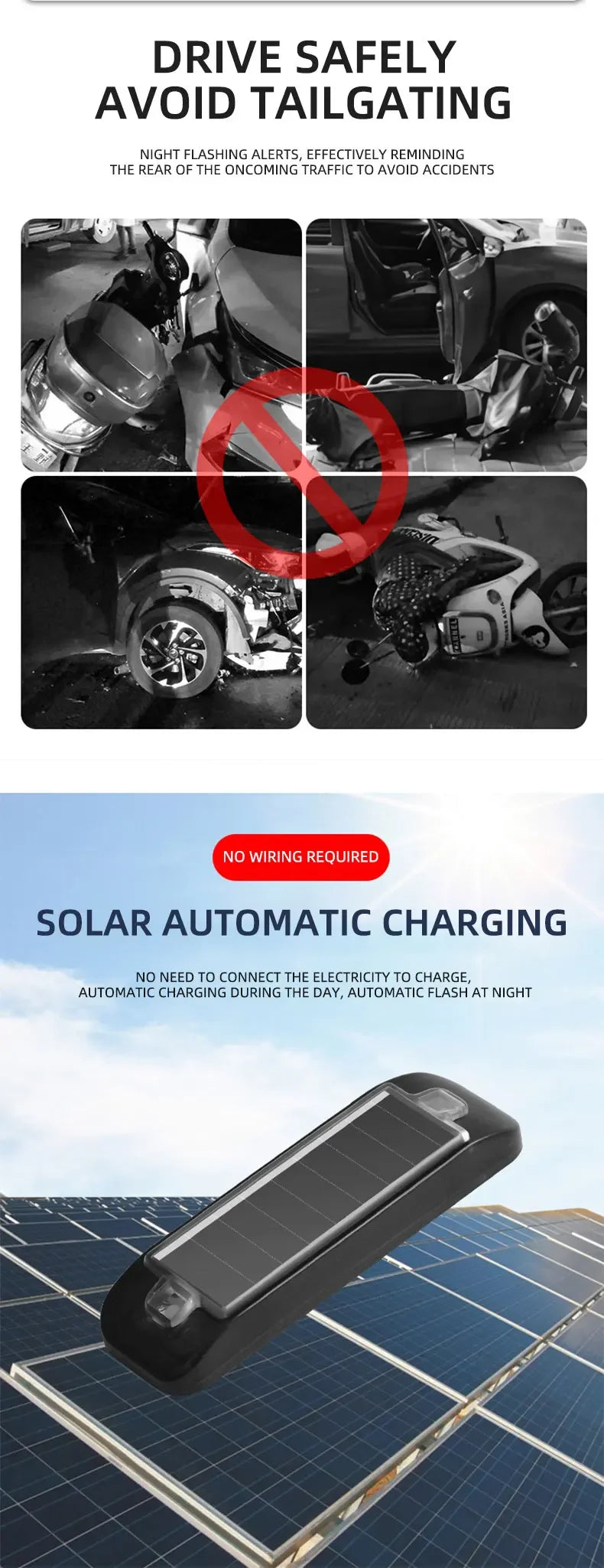 Car solar charging, grille light, night riding, anti rear end collision, motorcycle, electric vehicle, universal flashing warnin