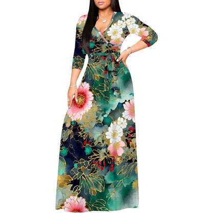 Women's Plus Size Maxi Dresses 3/4 Sleeves Bohemian Long Dress Printed Swing Dress with Belt