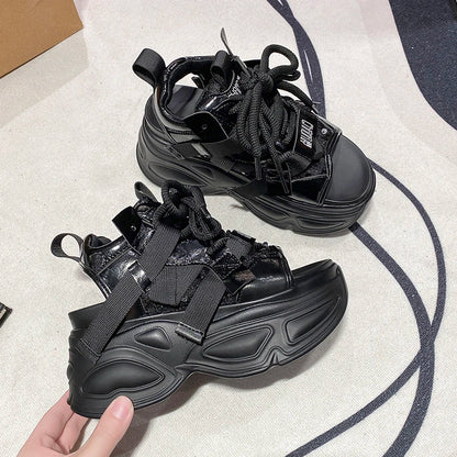 8.5cm Summer Women Leather Chunky Sandals High Platform Trainers Breathable Casual Slippers Shoes New Woman Heels Wedge Sneakers