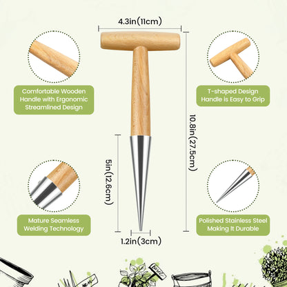 Gardening Hole Puncher Wooden Handle T-shaped Fertilizer Planting Tool Punching Sower Garden Flower Plants Supplies Accessories