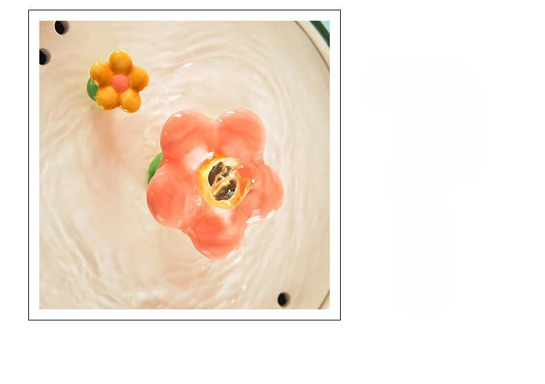 Cat Ceramic Flower Water Fountain Drinking Feeders Pets