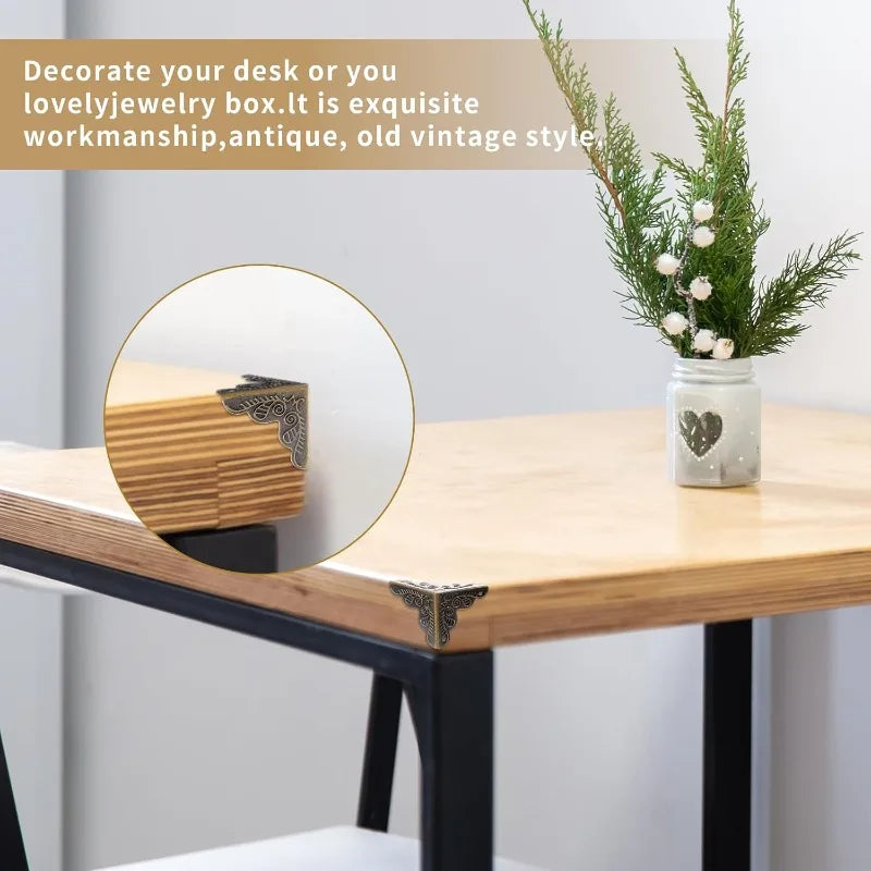 Carved Wooden Boxes Corner Protector Metal Edge Corners Guard Cover with Screws Wood Case Furniture Dresser Table Decoration