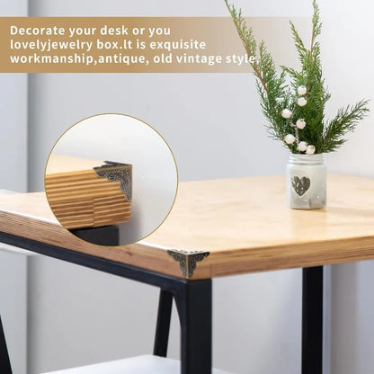 Carved Wooden Boxes Corner Protector Metal Edge Corners Guard Cover with Screws Wood Case Furniture Dresser Table Decoration