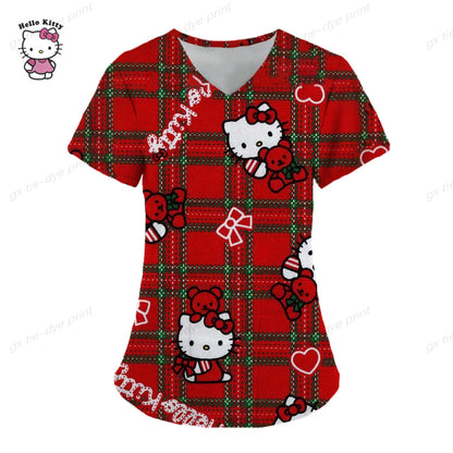 Hello Kitty Print surgical uniforms pharmacy hospital nurse scrubs tops breathable beauty salon dentistry pet doctor overalls