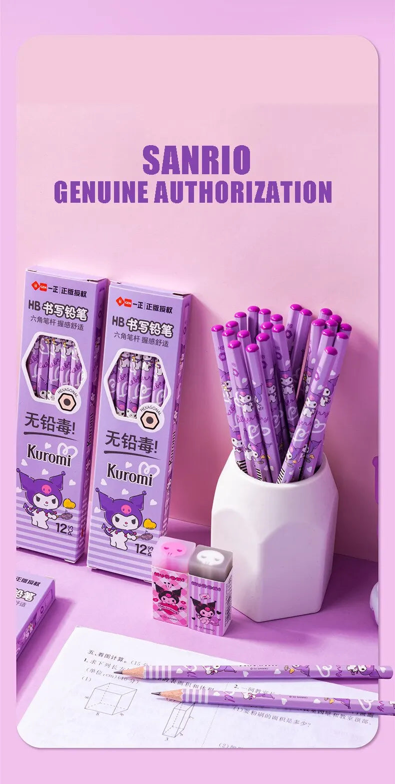 12pcs Sanrio Series Kuromi Hexagonal Writing Pencil Set Cute Student Pencil Creative Writing Pencil School Student Stationery