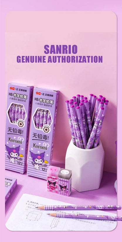 12pcs Sanrio Series Kuromi Hexagonal Writing Pencil Set Cute Student Pencil Creative Writing Pencil School Student Stationery