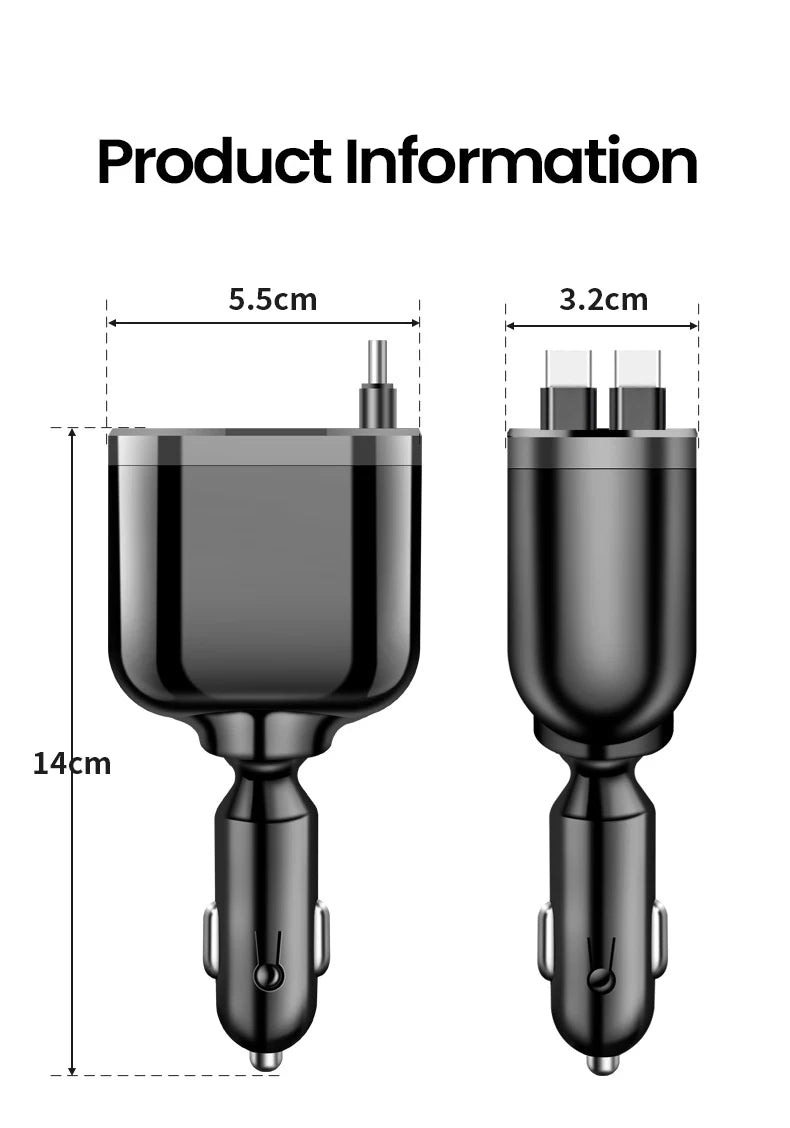Elough Retractable Car Charger 5 in 1 Fast Charging Car Charger Retractable Cable 2 type c Ports Car Charger Adapter Compatible