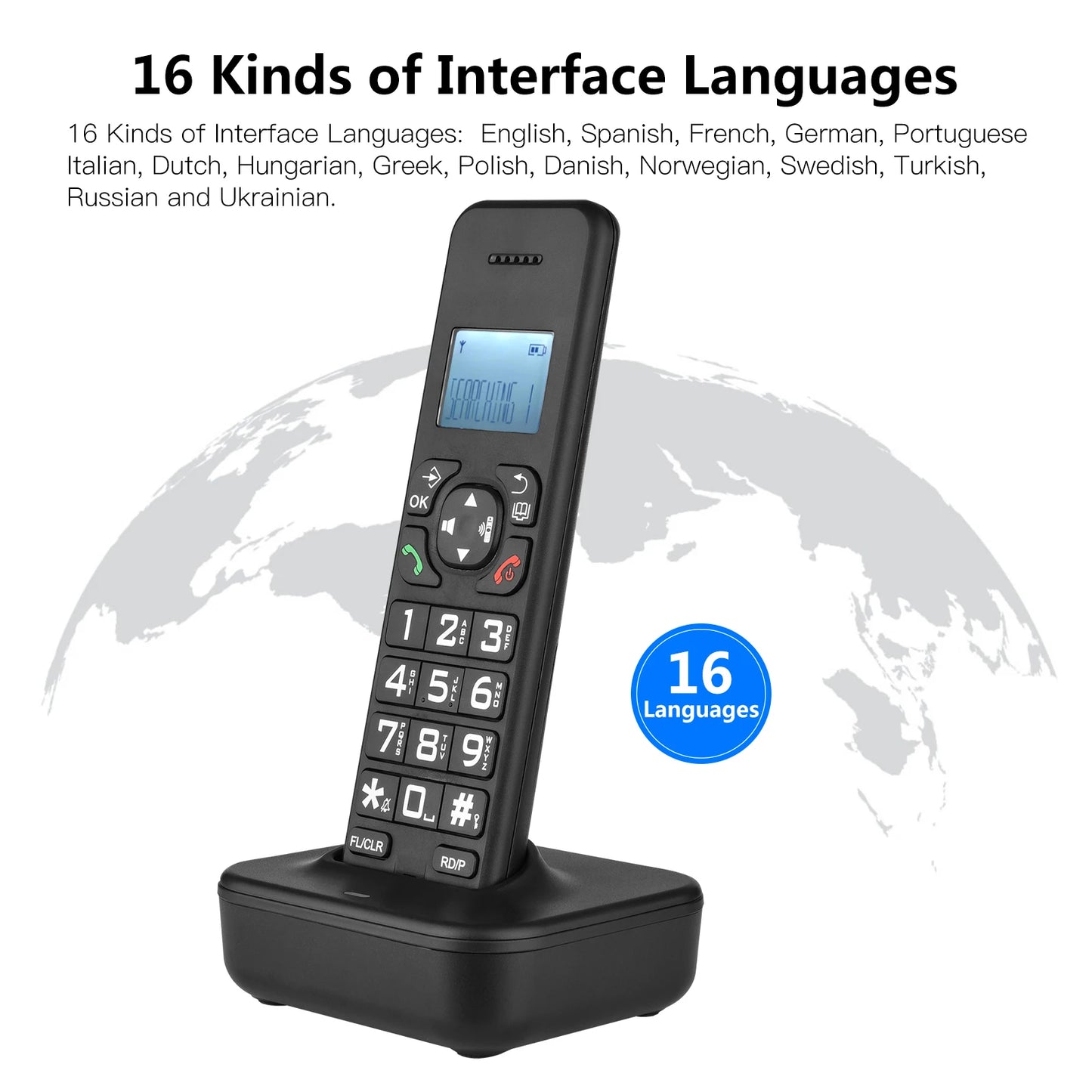 Cordless Phone Caller ID/Call Waiting 1.6 inch Backlight LCD 3 Lines Screen Display Rechargeable Batteries 16 Languages US PLUG