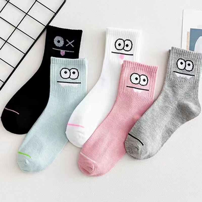 5 Pairs Cute Expression Print Socks, Comfy & Funny All-match Mid Tube Socks, Women's Stockings & Hosiery