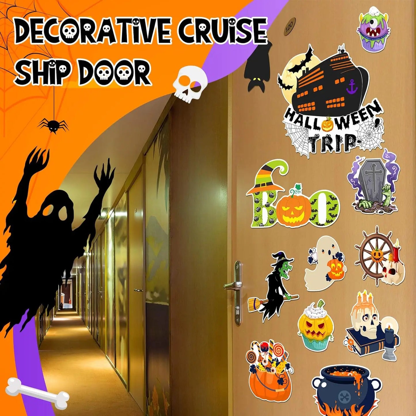 16 Pcs Halloween Cruise Door Decorations Magnetic Halloween Car Magnets Anchor Life Preserver Pumpkin Bats Skeleton Magnets for