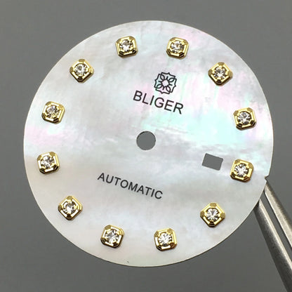 BLIGER 24.5mm Watch Dial Hand Set Sunburst Gray Rose White Mother Pearl Dial Roman Diamond Index Fit NH05 Movement Women Watches