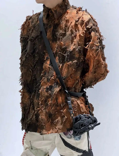 PFHQ Tie Dye Patchwork Shirts Men's Turn-down Collar Long Sleeve Tops Personalized Single Breasted Tassel Male Clothing 21Z9142