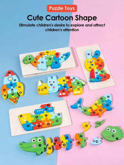 3D Wooden Puzzles Educational Cartoon Animals Early Learning Cognition Intelligence Puzzle Game For Children Toys