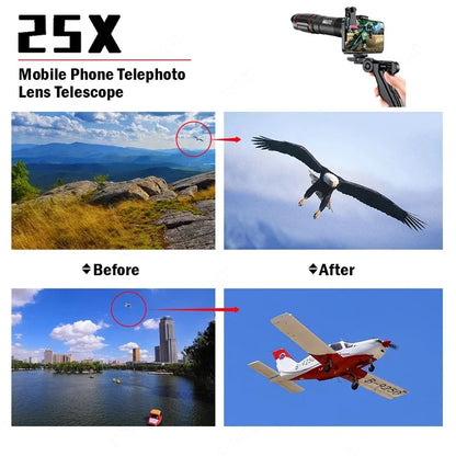 25X Phone Telephoto Lens Kit Phone Holder Portable Tripod Stabilizer Highpower Zoom Concerts Contest Outdoor Observation Animal