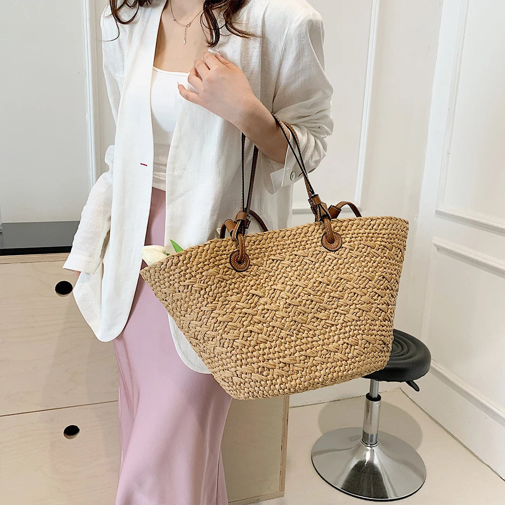 Women Woven Tote Bag Simple Woven Handbag Large Capacity Stylish Weaving Bag Tote Clutch Bags Chic Hobo Bag for Party Vacation