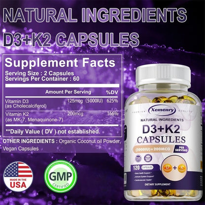 Vitamin D3 5000IU and 200 Mcg Vitamin K2 (MK-7) Capsules for Calcium Absorption, Bone Regeneration, Immune Support, Easy To Melt
