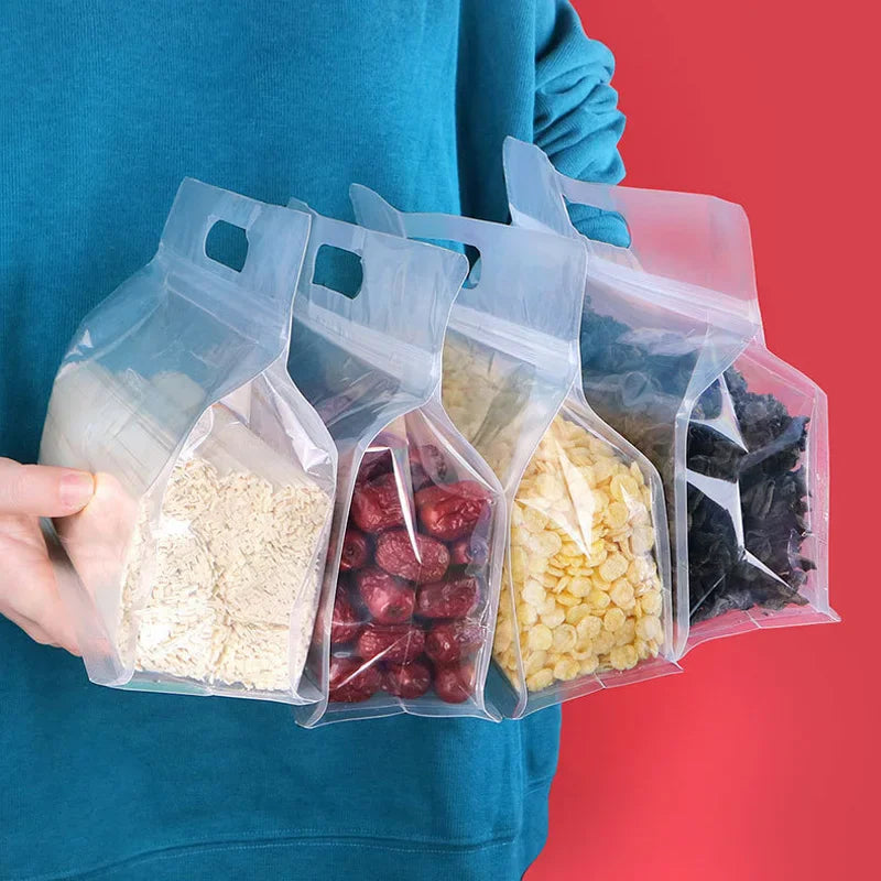 500Pcs/Lot Wide Mouth Transparent Resealed Ziplock Stand Up Pouches Reusable Snack Nut Bean Rice Grains Food Bag with Handle