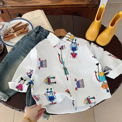 Baby Boys Blouses Toddler Lapel Blouse Kids Long-Sleeved Cotton Tops Full Printed Shirts 2025 Spring Autumn Children's Clothing