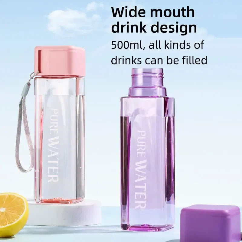 Portable Plastic Water Cup Square Bottle with Hand Strap Milk Cup Creative Frosted Portable Cup Student Sports Water Bottle