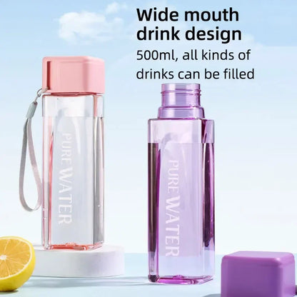 Portable Plastic Water Cup Square Bottle with Hand Strap Milk Cup Creative Frosted Portable Cup Student Sports Water Bottle