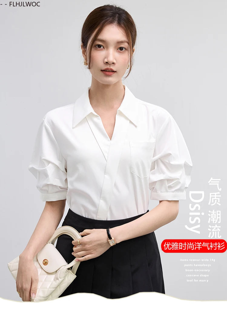 Office Lady Basics Fashion White Shirts New Women Summer Work Solid V Neck Tops Blouses French Design Interview Shirt Cotton