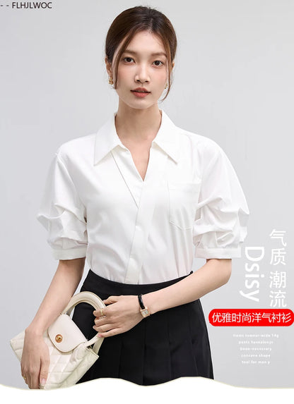 Office Lady Basics Fashion White Shirts New Women Summer Work Solid V Neck Tops Blouses French Design Interview Shirt Cotton