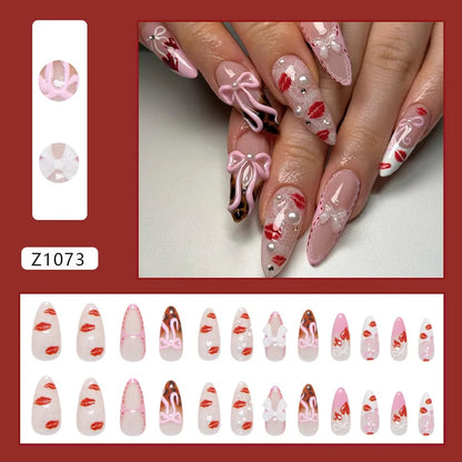 24pcs White Flower Fake Nail Tips Ins Yellow Pink Blush False Nails Wearable Full Cover European Almond Shaped Press on Nails