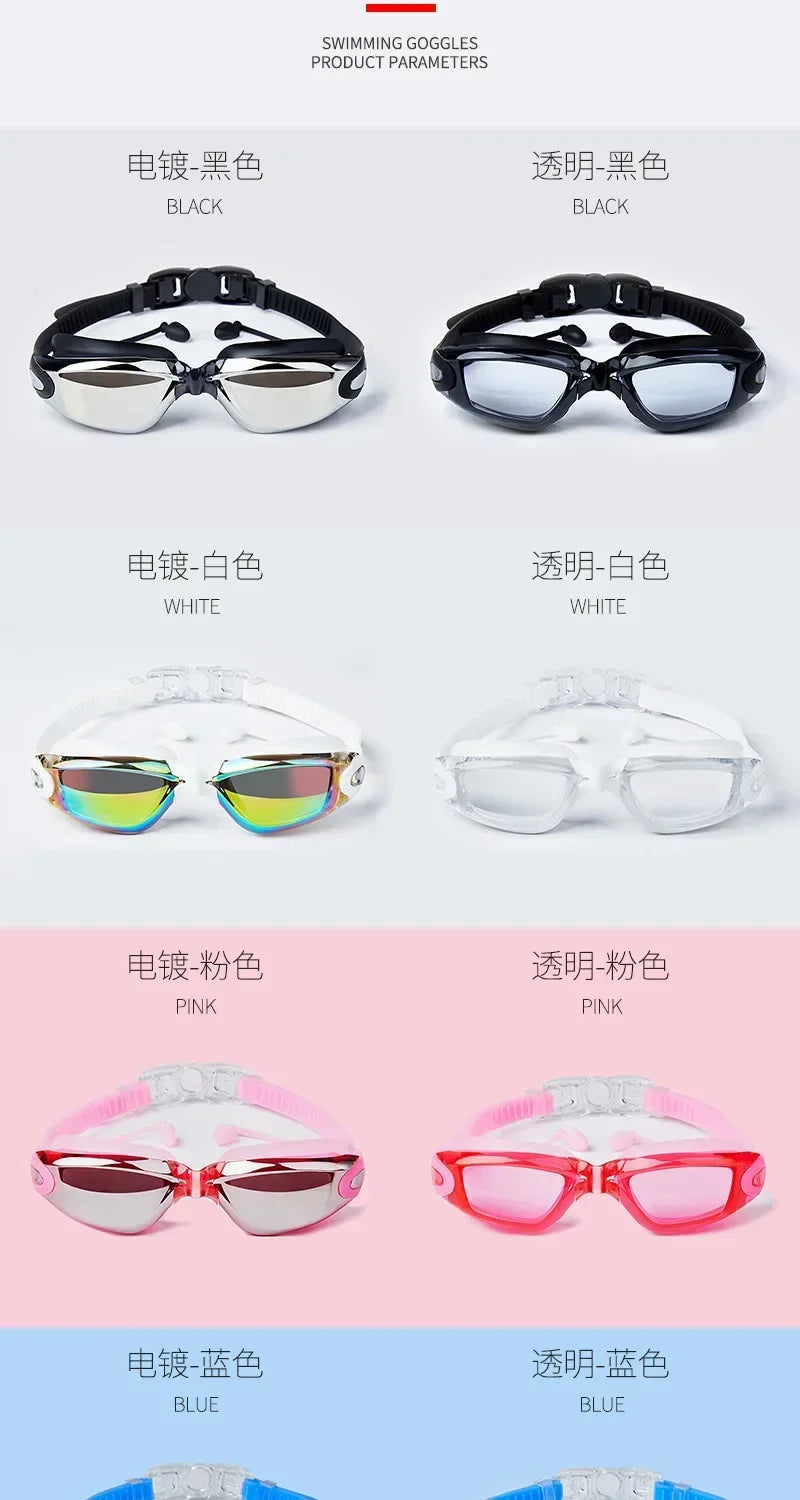 Professional Swimming Goggles Swimming Glasses with Earplugs Nose Clip Electroplate Waterproof Silicone Unisex Swimming Goggles