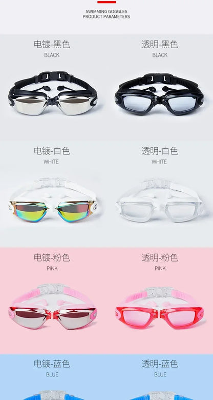 Professional Swimming Goggles Swimming Glasses with Earplugs Nose Clip Electroplate Waterproof Silicone Unisex Swimming Goggles