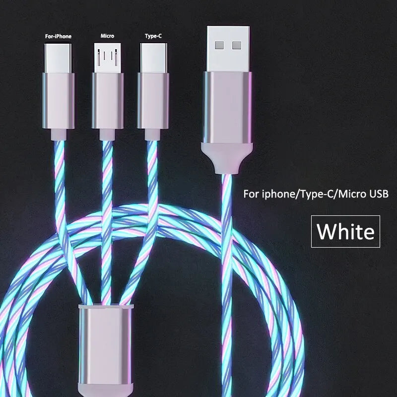 3 in 1 Glowing LED Light 3A Fast Charging Micro USB Type C Cable For iPhone Samsung Xiaomi Redmi Phone Charger USB Cable