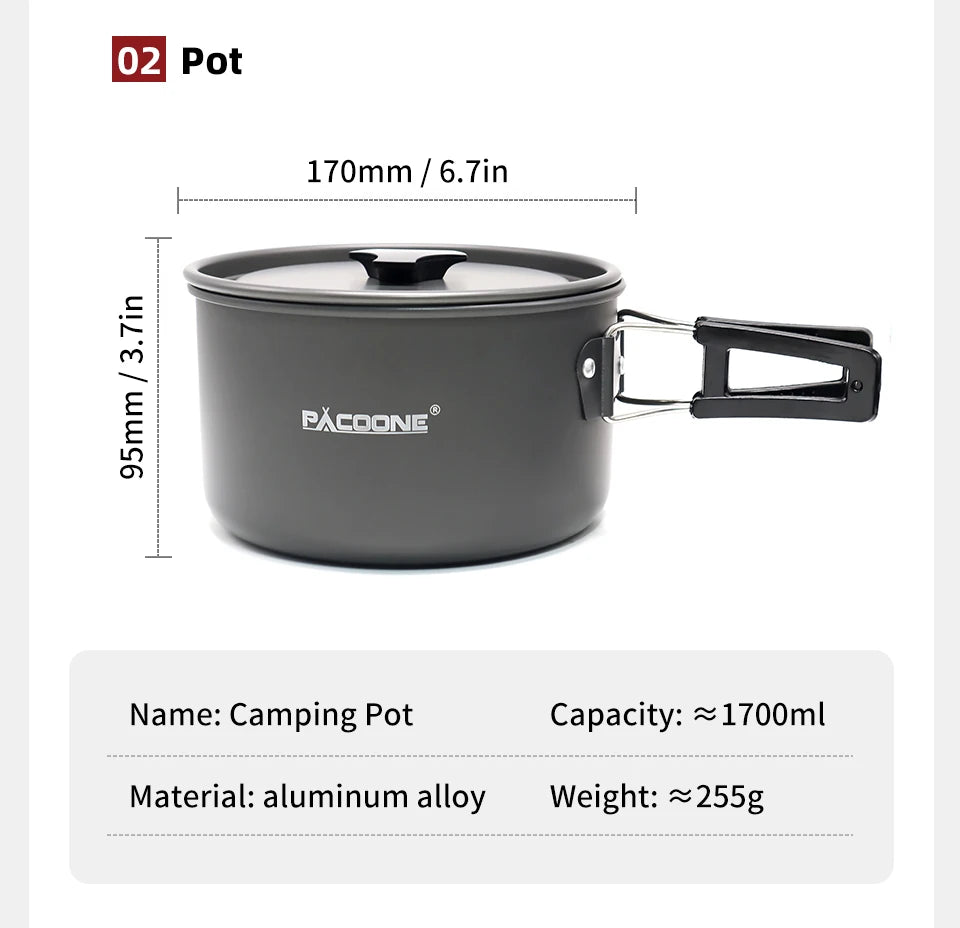 PACOONE Camping Cookware Set Portable Cookware Kit Outdoor Pot Cooking Water Kettle Pan Set Tableware Hiking Picnic Equipment