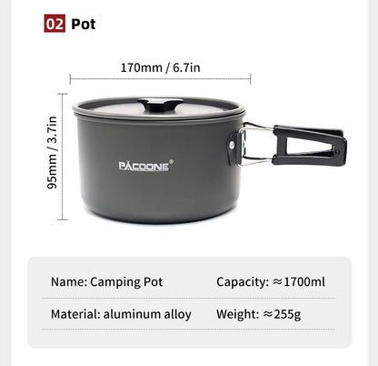 PACOONE Camping Cookware Set Portable Cookware Kit Outdoor Pot Cooking Water Kettle Pan Set Tableware Hiking Picnic Equipment
